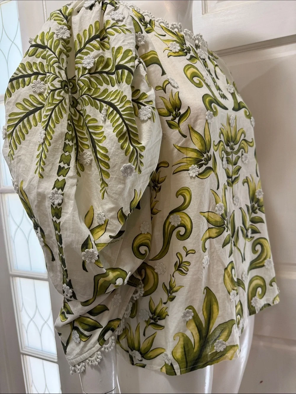 FARM RIO Milani Blouse Floral Puff-Sleeve Women's Top in Olive Green Size Large